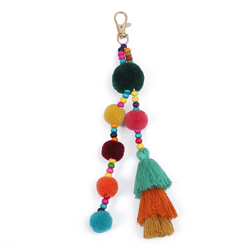 Big Plush Ball With Fringes Key Chain Bohemia Women\'s Purse Bag Charm Pompom Tassel Keychains Jewelry Diy Handmade Key Ring