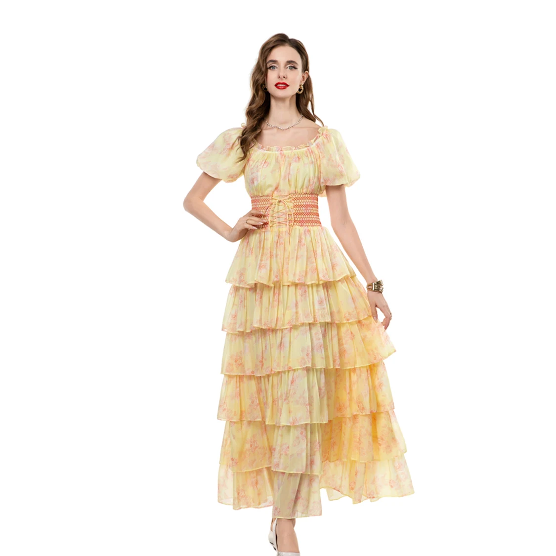 Vestidos femininos decote colher mangas curtas em camadas babados elegante designer vestido de baile maxi vestidos