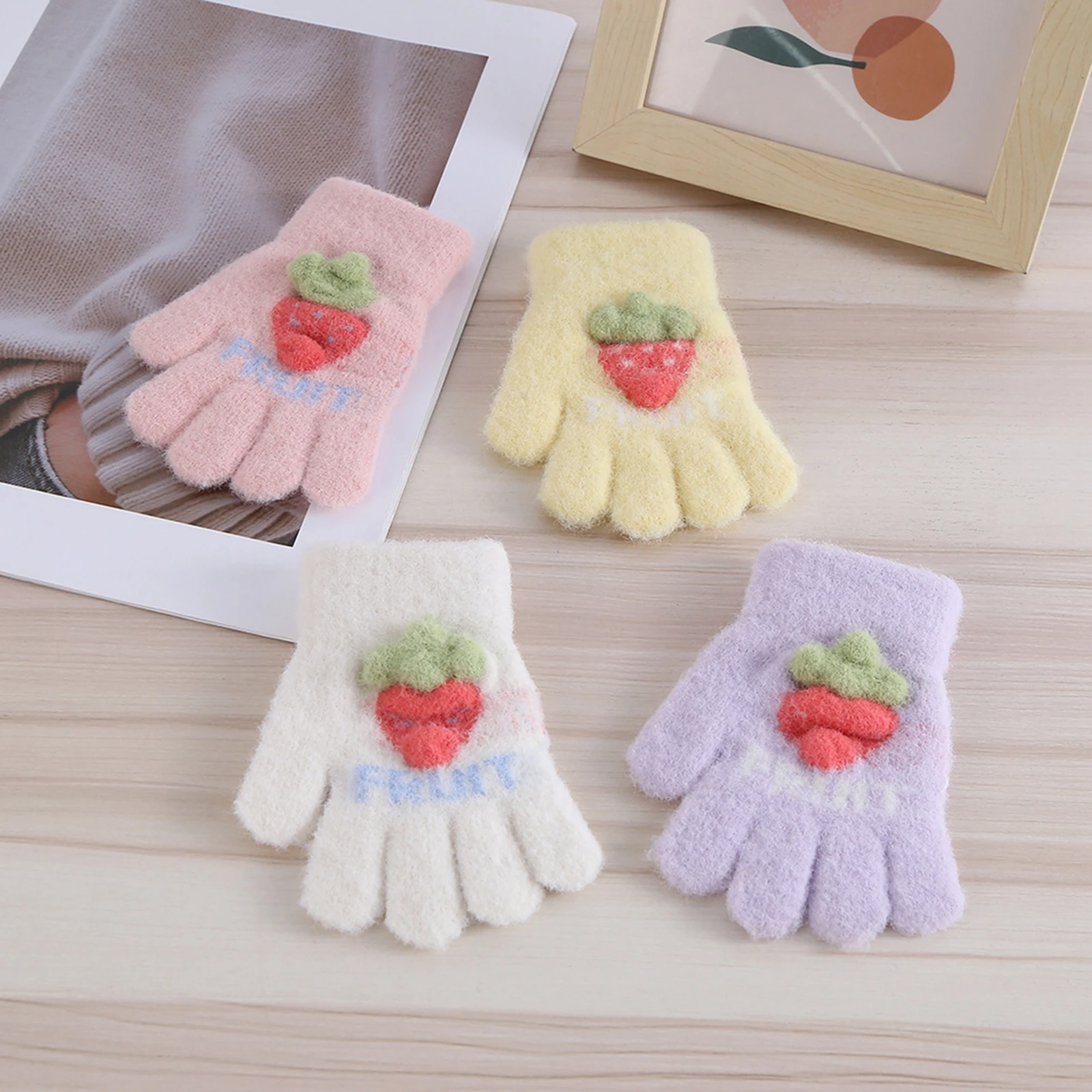 BeQeuewll Children Kids Gloves Winter Warm Cute Strawberry Soft Knit Soft Plush Mittens Outdoor Windproof Glove For Boys Girls