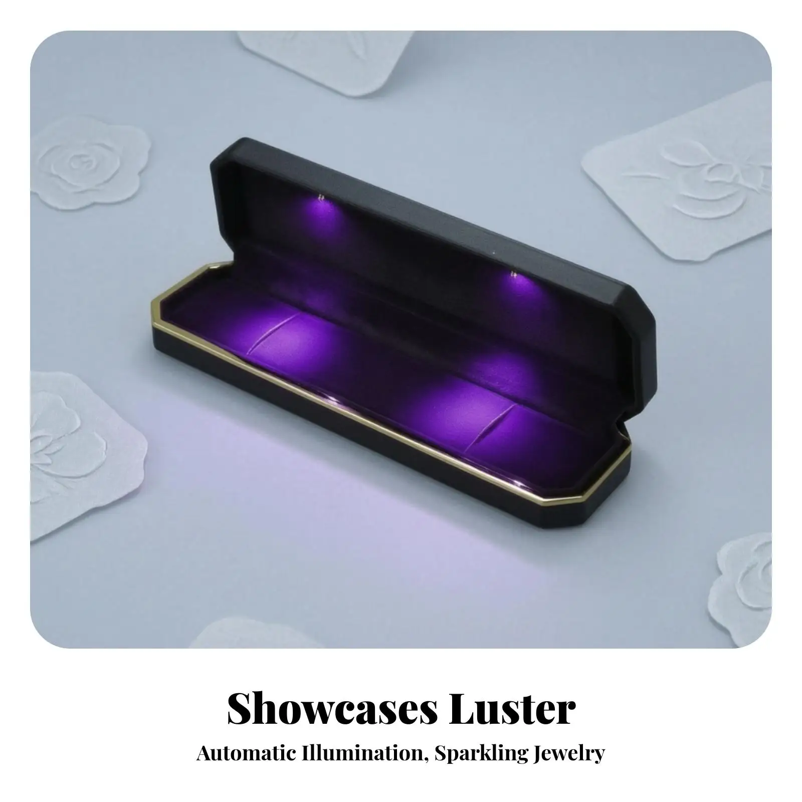 Blue LED Illuminated Jewelry Case Octagonal Box with Gold Trim and Soft Lilac Interior for Rings Pendants Bracelets