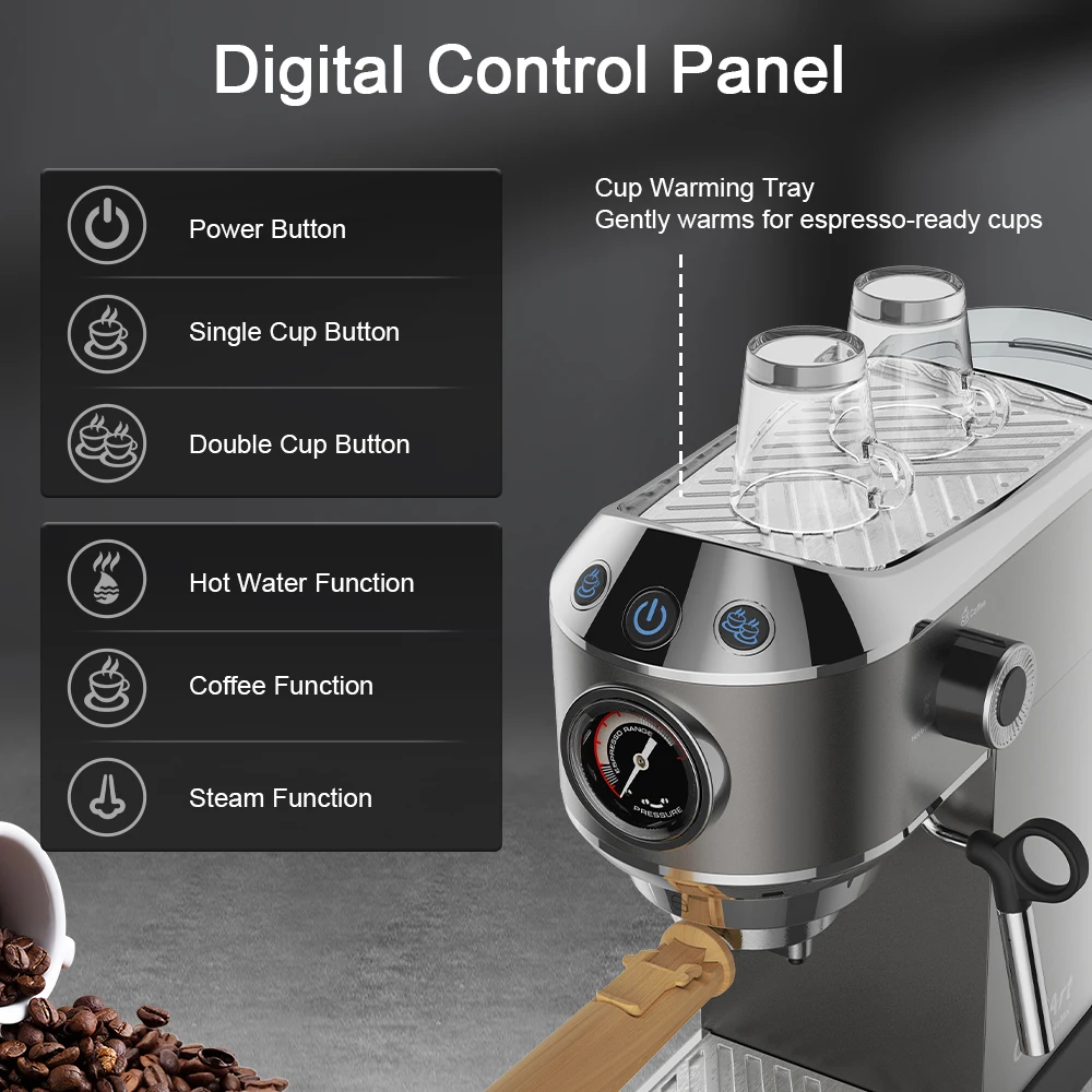 20 Bar Semi Automatic Powder Coffee Machine,with Milk Steam Frother Wand, for Espresso, Cappuccino, Latte and Mocha