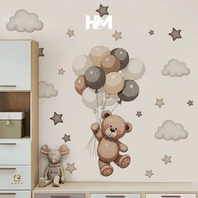 Adorable Teddy Bear Wall Decals, Removable Decor With Balloons, Stars & Clouds For Kids’ Bedroom, Playroom, Baby Nursery