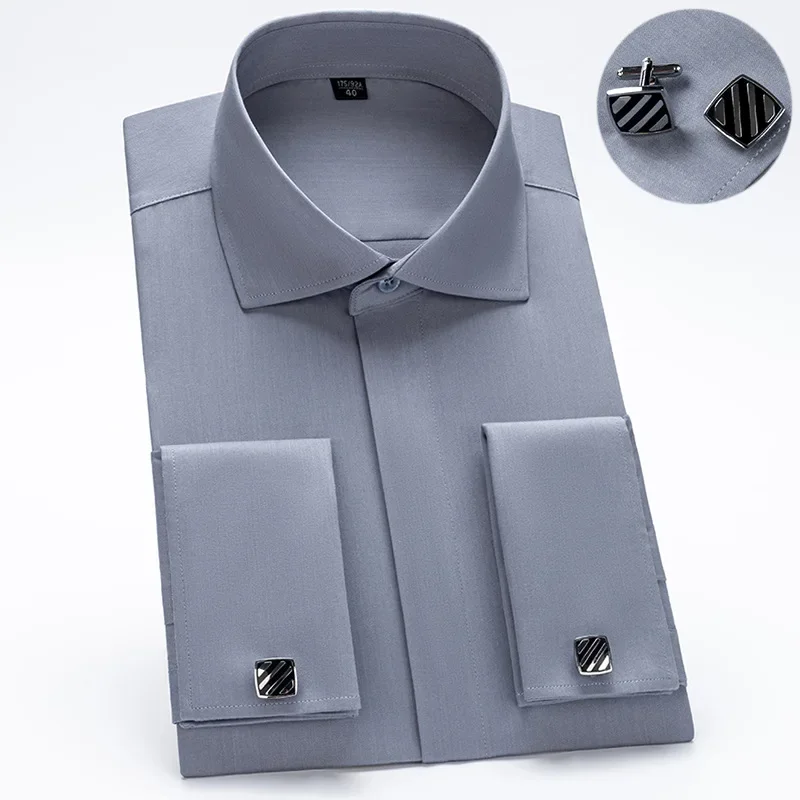 Windsor Collar French Cuff Dress Shirt Fashion Men\'s Long Sleeve Luxury Business Formal Shirts Covered Button Cufflink Shirt