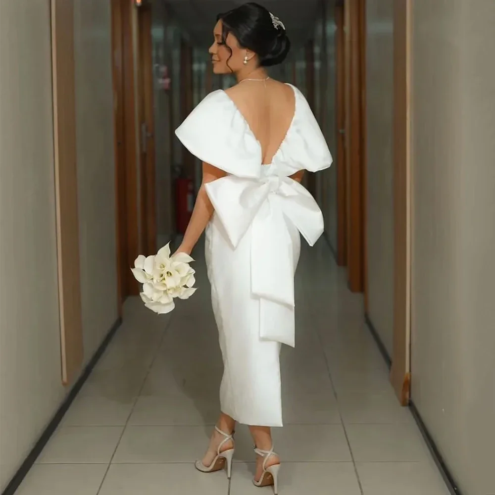 

Classic Sheath Wedding Dress 2026 V-Neck Short Sleeve Tea Length Satin with Bow Backless Bridal Bride Gown Vestidos De Noiva