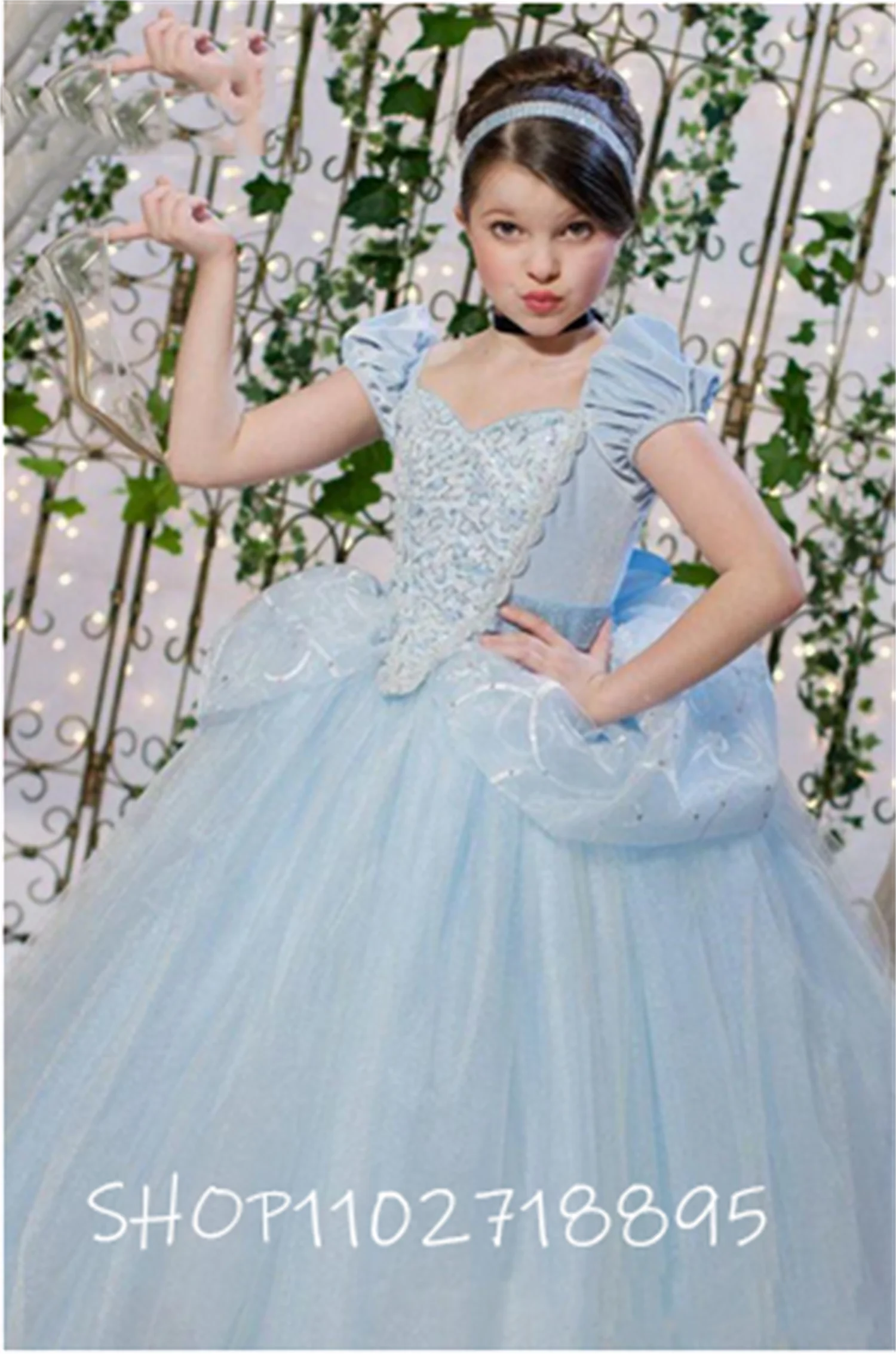 

Cinderella Pageant Dresses For Teens Short Cap Sleeve Pleats Sequins Sky Blue Kids Ball Gown Girl Birthday Prom Dress