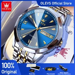 OLEVS 9998 Mens Watch Original Rhombus Mirror Quartz Watch For Man Waterproof Luminous Stainless Steel Dual Calendar Display