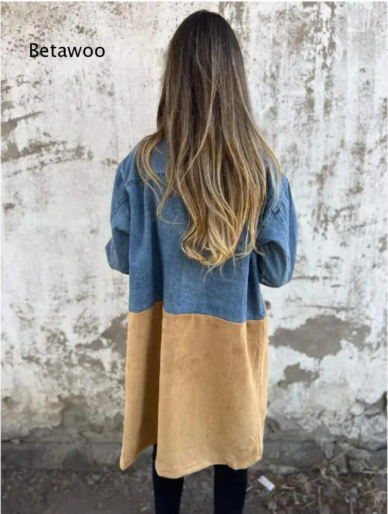 Picture 7: Loose Fit Patchwork Mid Long Coat For Women Notched Lapel Long Sleeve Outerwear For Autumn Winter Daily And Travel Wear