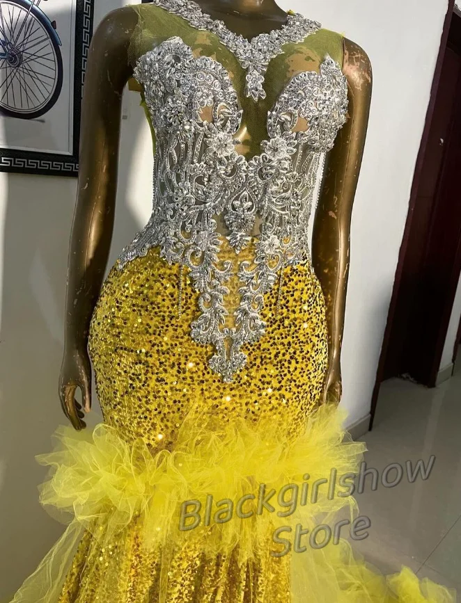 Lemon Yellow Elegant Prom Dress Black Women's Gowns Cake Skirt Lace Hem Glitter Sequins Applique Mermaid Floor Length Dresses