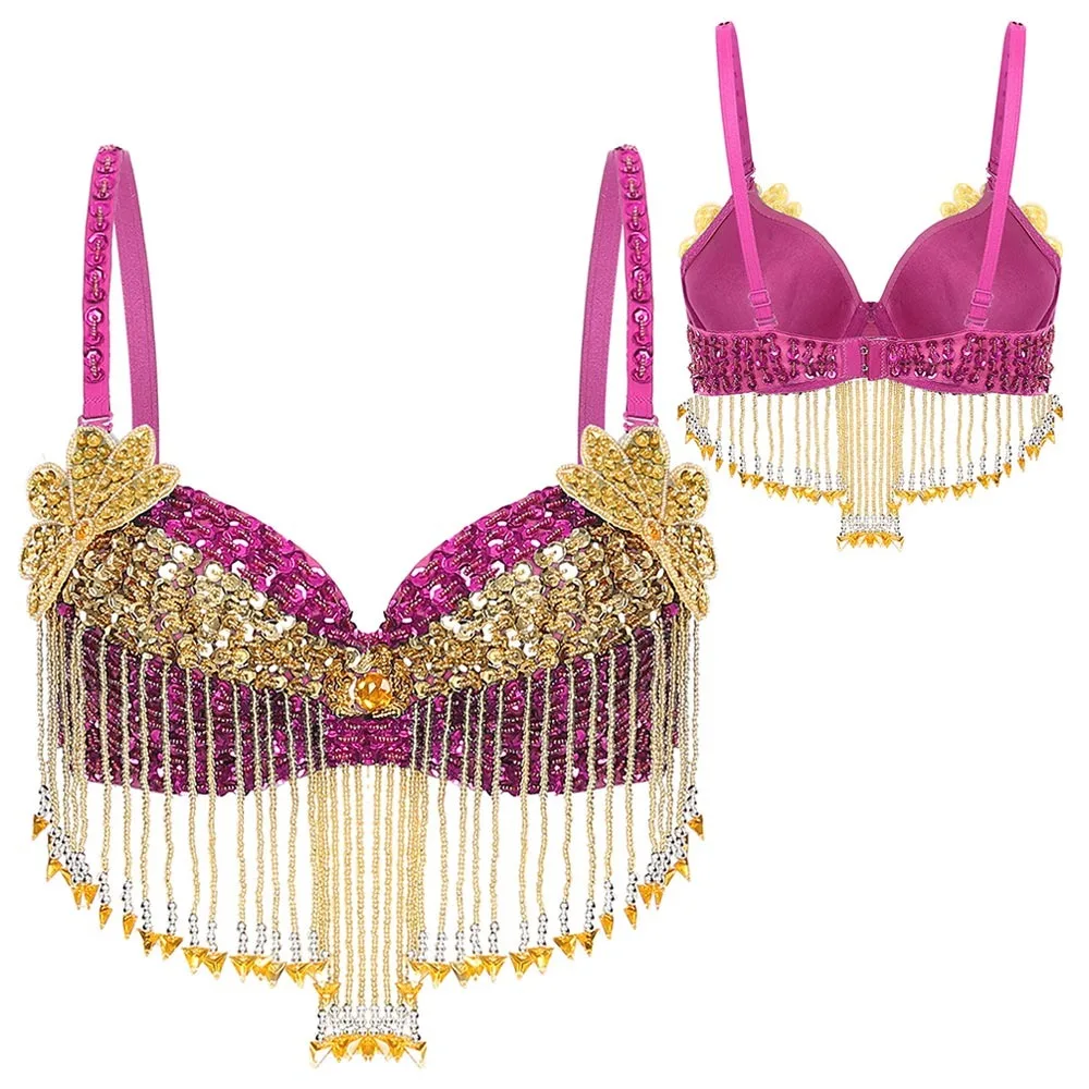 Beaded Tassels Belly Dance Tops Adjustable Straps Shiny Sequins Bra Nightclub Stage Show Costumes For Thailand/India/Arab