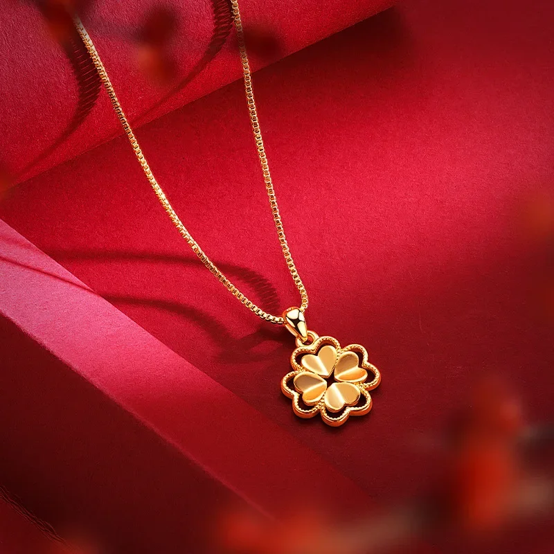 

Fashion 24K Real Gold Four-leaf Clover Necklace Women Light Luxury Design Sense Au9999 Gold Love Lucky Grass Collar Bone Necklac