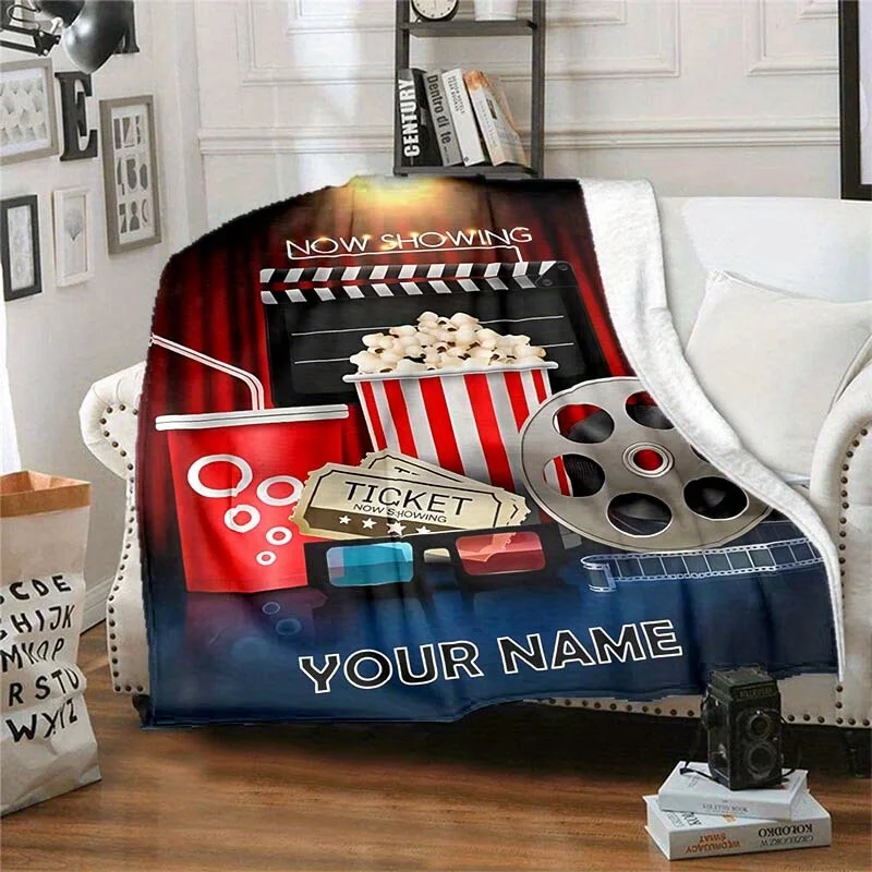Customize Customizable Movie Night Popcorn Fleece Blanket – Cozy Cinema-Themed Throw with Personalized Name, Perfect for Home, O