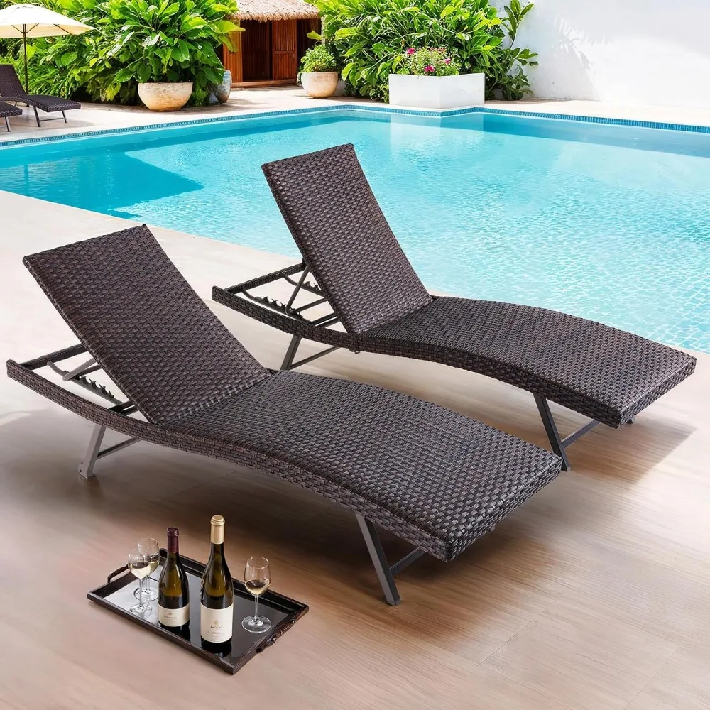 

Outdoor Chaise Lounge Chair Set of 2, PE Wicker Lounge Chairs for Outside with Quick Drying Sponge Cushion, Rattan Reclining Cha