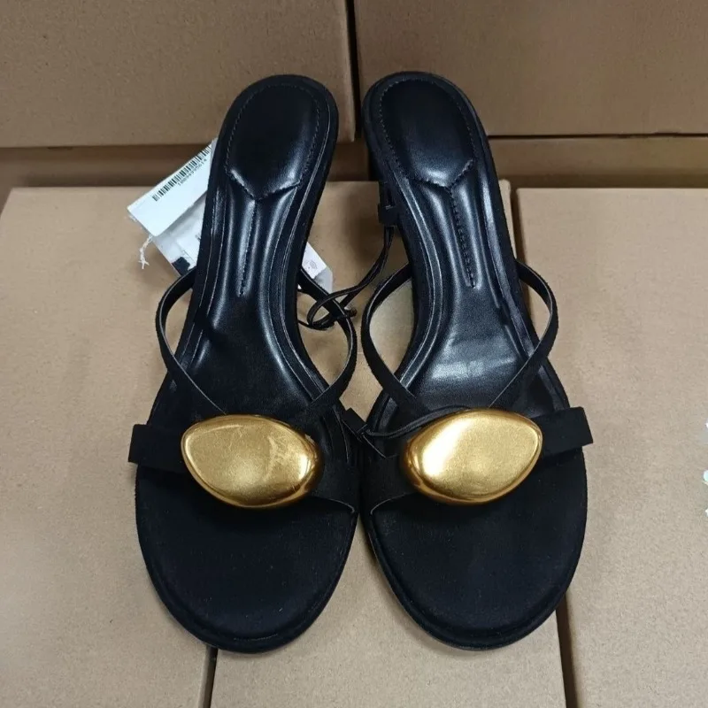 

Cross Strap High Heel Mules Shoes for Women Open Toe Summer Outside Casual Footwear Luxury Metal Decoration Lady Modern Sandals