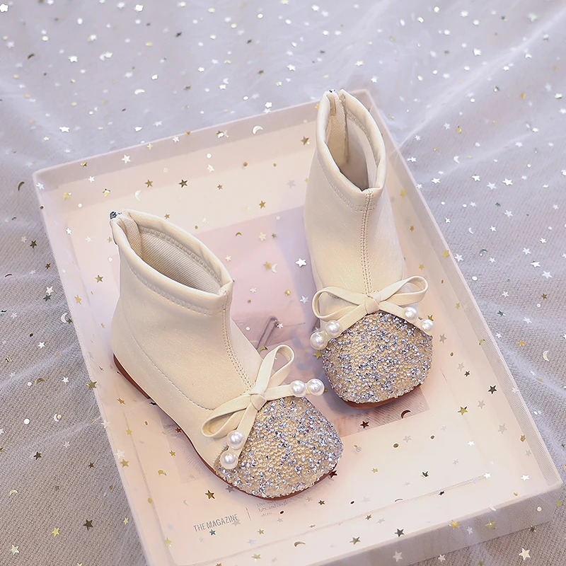 الفتيات حذاء من الجلد الأطفال كريستال الأميرة أحذية مكافحة زلق موضة الاطفال بولي Boots الأحذية الجلدية مع فراشة عقدة حجم 26-35 #5