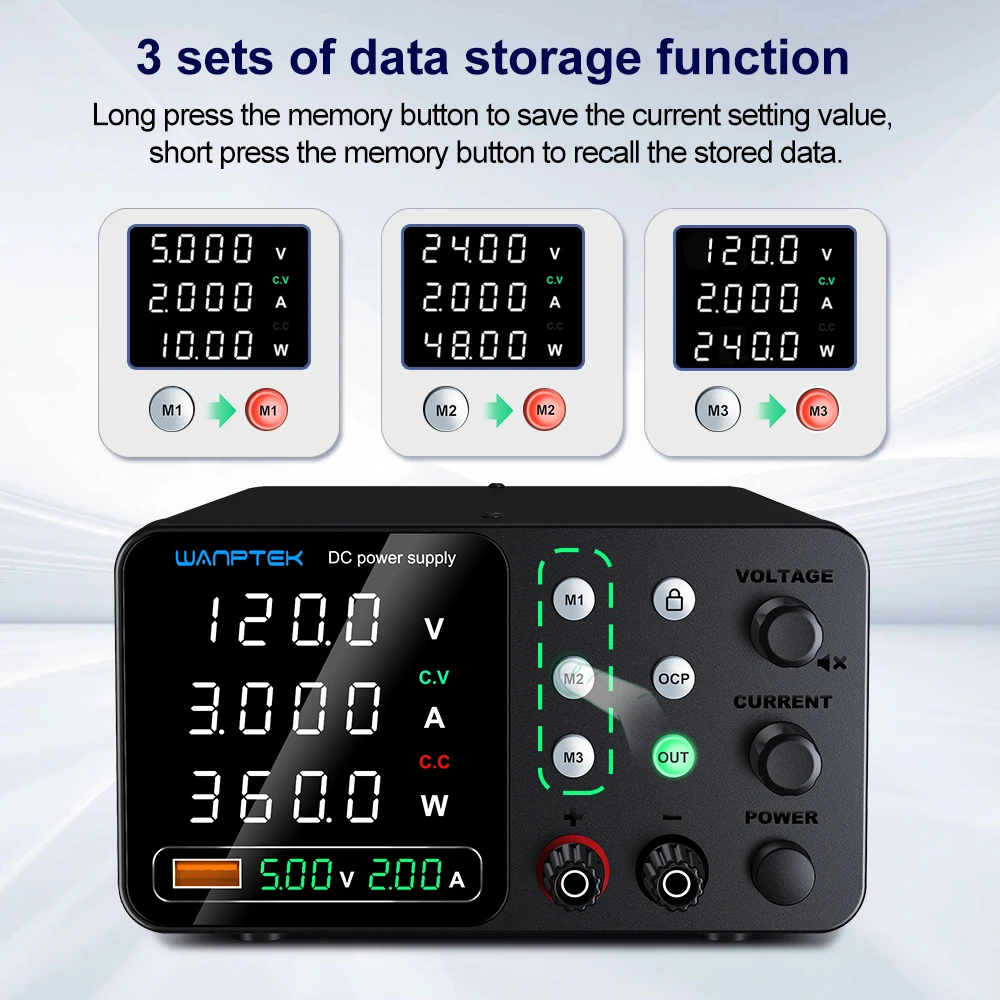 Fonte de alimentação DC ajustável TPS-C1203, três conjuntos de armazenamento 0-120V 0-3A reguladores de tensão e corrente variáveis, portátil