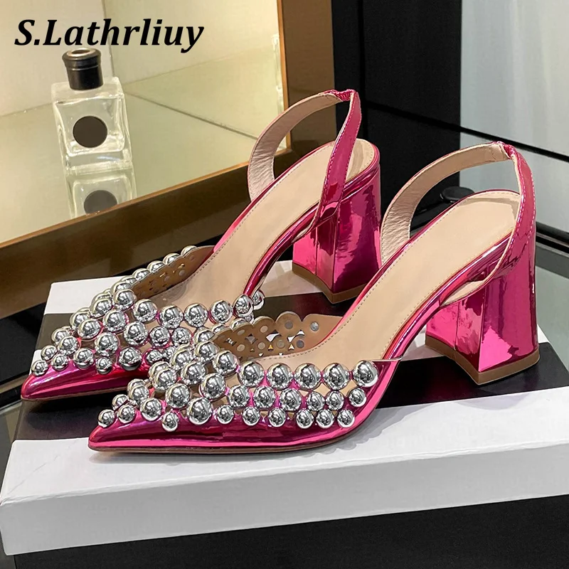 

Summer Pointed Toe Chunky High Heels Sandals Women's Patent Leather Metal Rivets Back Strap Sandalias Fashion Party Dress Shoes