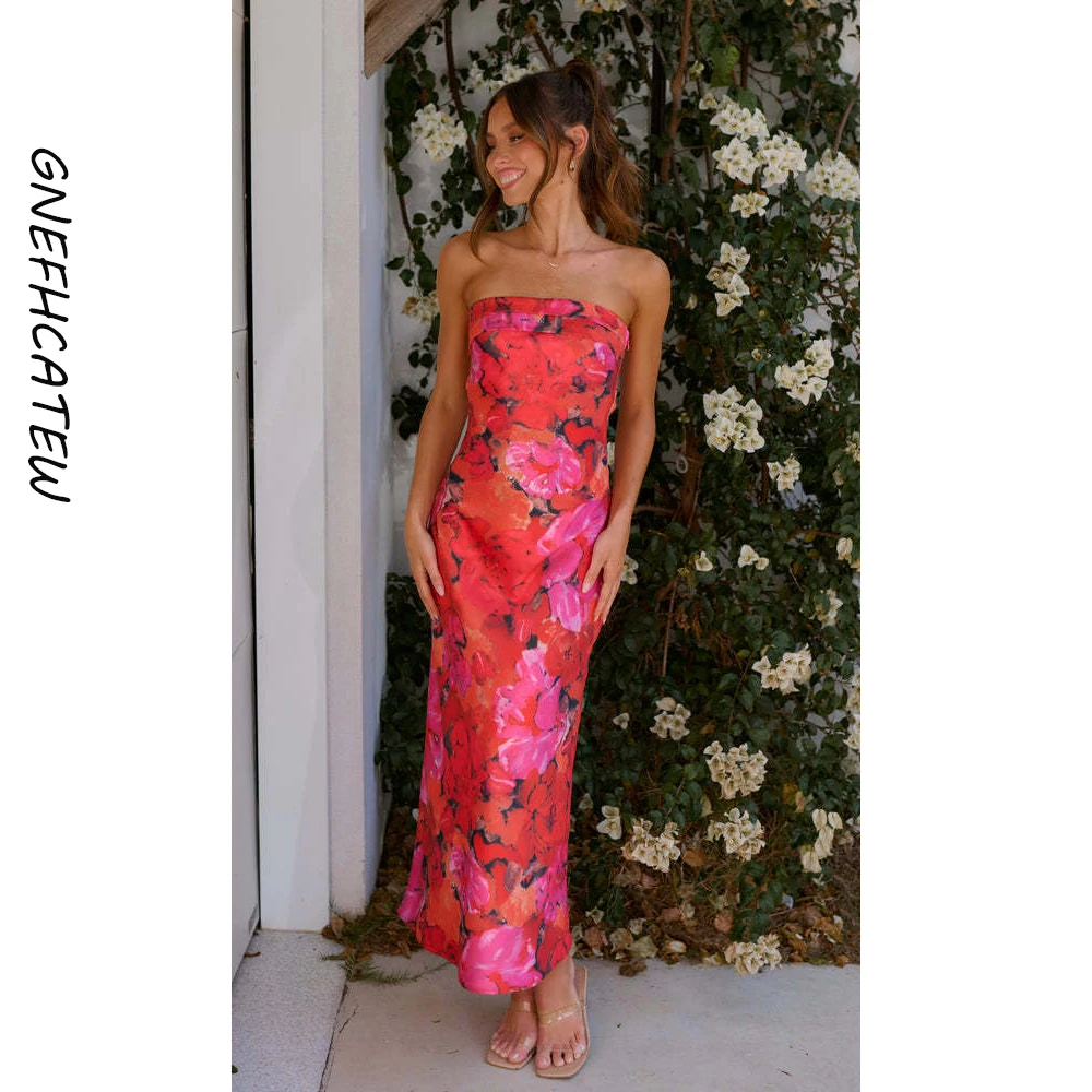 

Elegant Bandage Maxi Dress Women Summer Sexy Floral Printed Sleeveless Strapless Party Evening Long Dress 2024 Summer Beach Robe