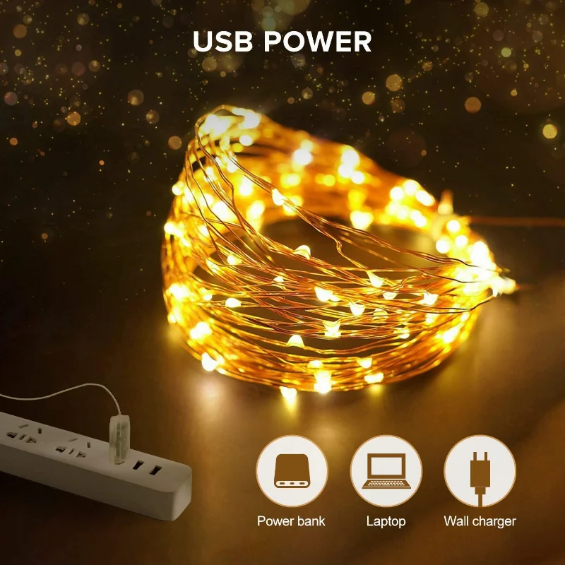 Led String Lights USB Powered Decorative Flexible Copper Wire Lights Karlling Lights Works for Bedroom Xmas Fistival