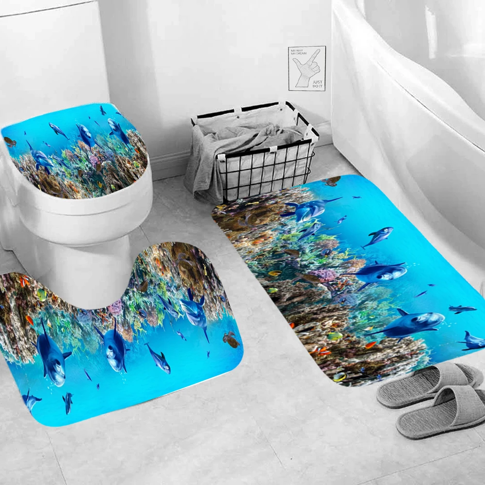 3pcs Dolphin Sea World Shower Bathroom Mat Non Slip Mug Carpet Modern Animals Toilet Seat Lip Cover Bath Home Decor Accessories