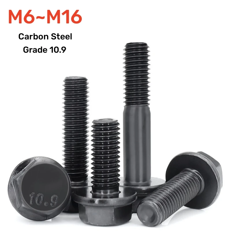 

1~5pcs M6 M8 M10 M12 M14 M16 Hexagon Flange Screws Bolt Hex Flange Cap Screws Fastener Grade 10.9 Black Carbon Steel