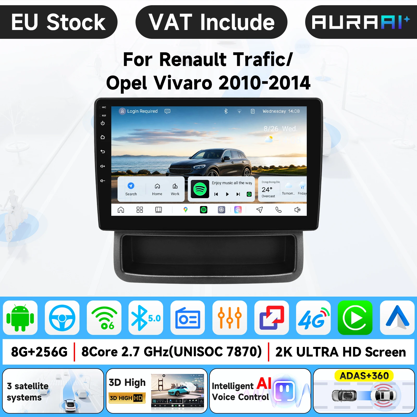 Autoradio Android AURA AI 13,1'' 11,5'' 9'' écran 2K pour Renault Trafic / Opel Vivaro 2010 - 2014, multimédia, Apple CarPlay sans fil, systèmes intelligents, écran tactile IPS, lecteur vidéo stéréo, 2 Din, autoradio, unité principale, navigation, BT, GPS, 4G, WIFI, FM