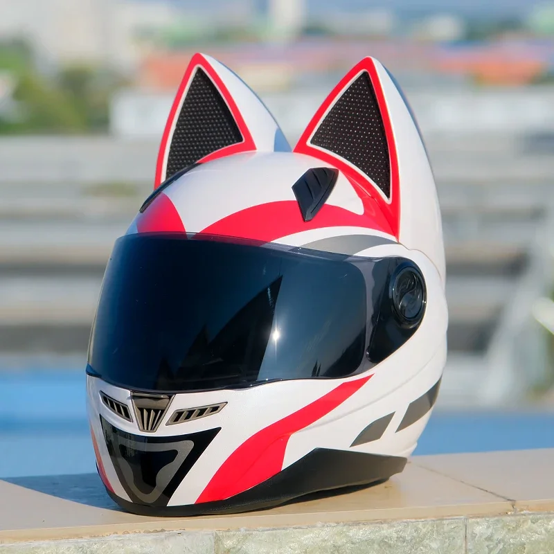 

Motorcycle Helmet Full Face Men Motocross Safety Helmet White Red Cat Ear Helmet Women Motorcycle Capacetes Casque DOT Approved