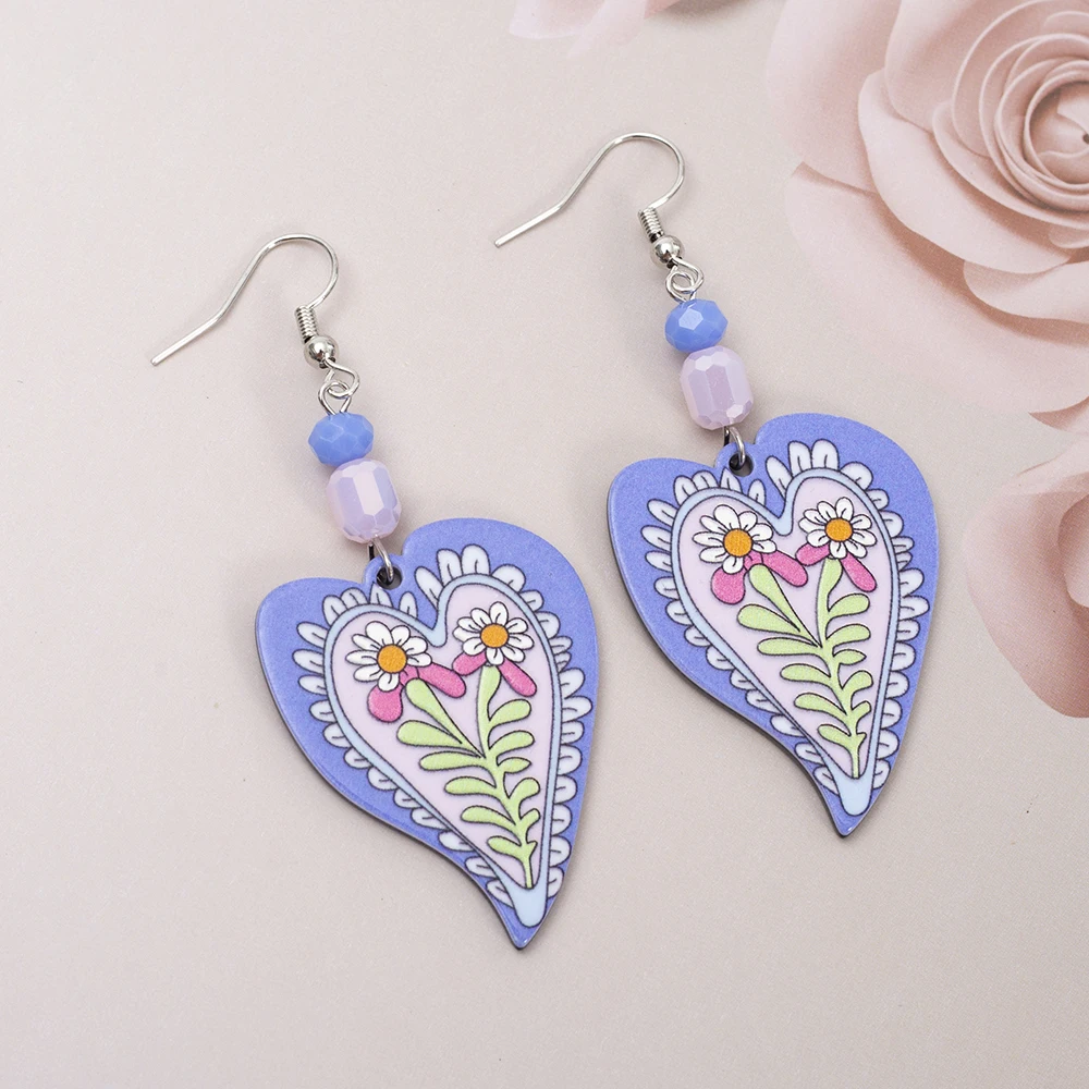 New Fashion Blue Acrylic Flower Relievo Printing Heart Earrings For Women Vintage Style Cute Valentine\'s Day Gift Girls Jewelry