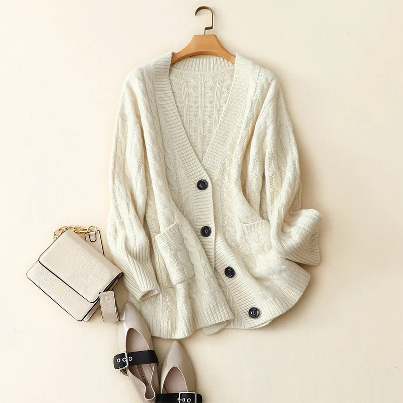 women\'s winter thick cable knit v neck loose style coat high quality 100% cashmere cardigan