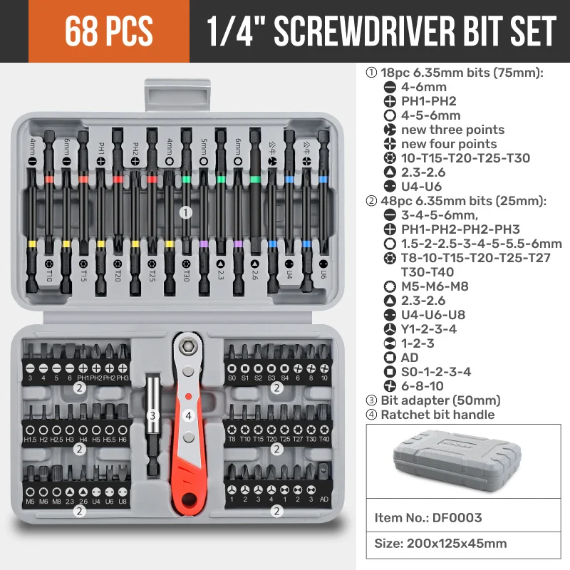 36/68 pces 1/4 "(6.35mm) torx chave de fenda conjunto de ferramentas de reparo screwdriverskit hex shank broca para ferramentas manuais do agregado familiar de energia