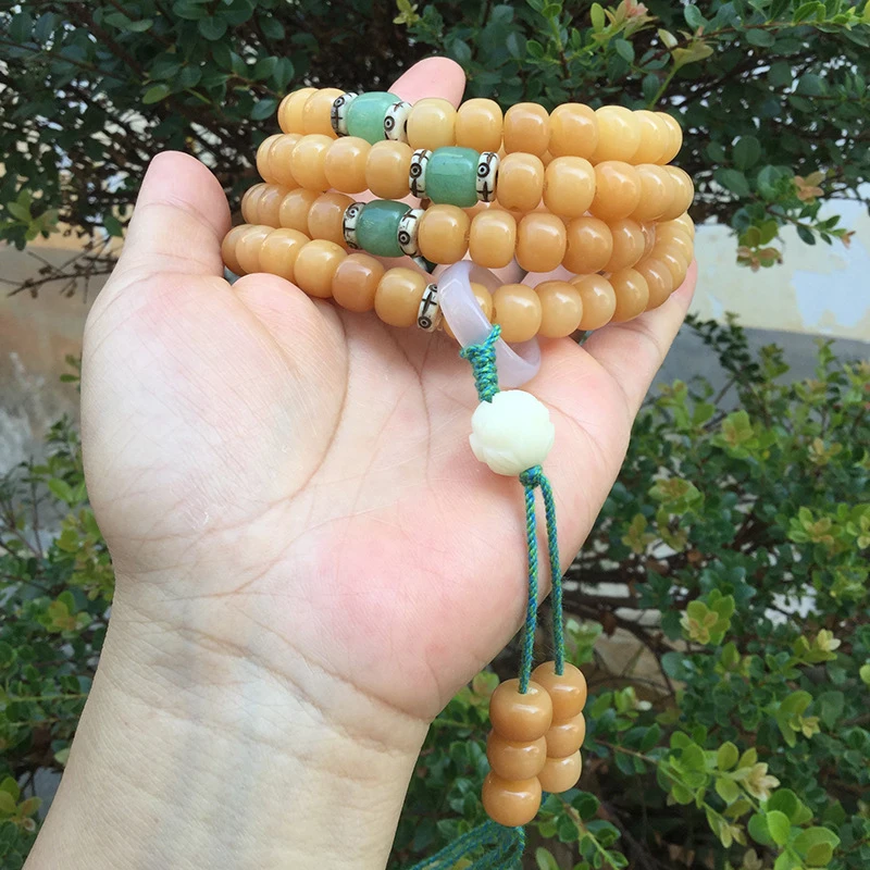 Weathered , 108 Yellow Beads, Old Bodhi Root Bracelet Necklace 8*10mm