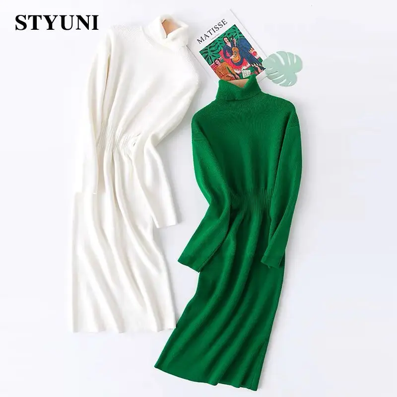 Knitted Casual Solid Elastic Waist Turtleneck Long Sleeve Women's Dress Korean Fashion Pullover Mid-Calf Dresses For Women 2023