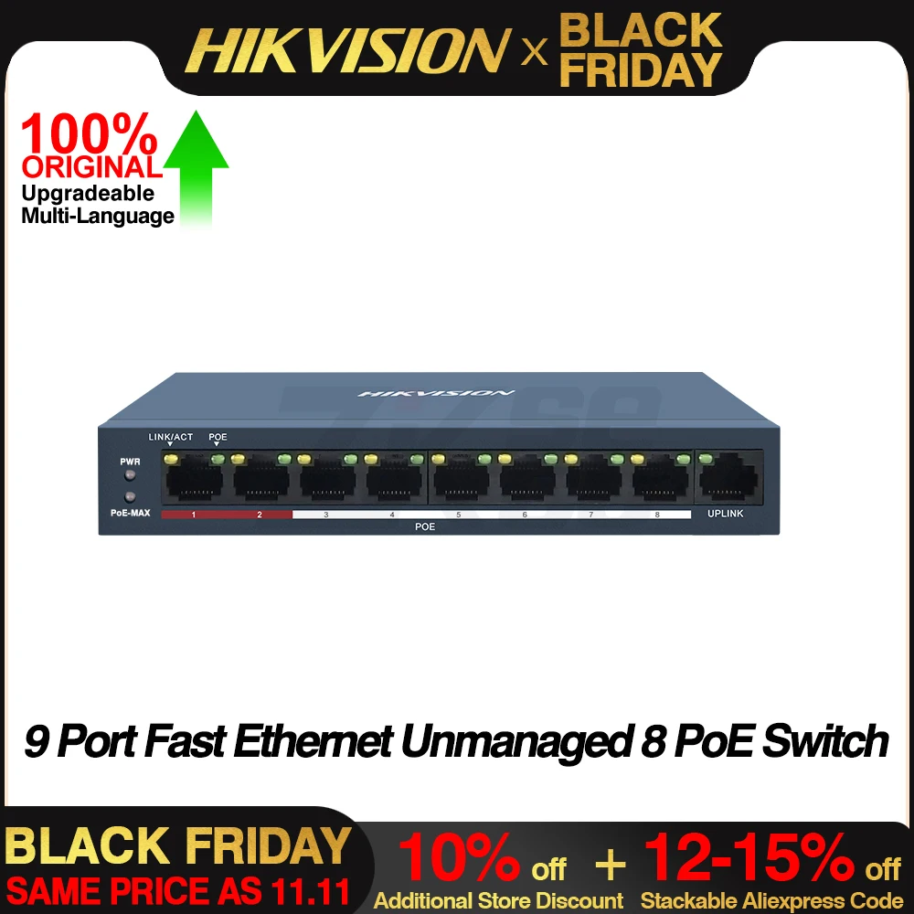 Hikvision POE Switch DS-3E0109P-E/M (8POE+1CH) 100Mbps Fast Ethernet Unmanaged RJ45 Port DC 48V for Security POE IP Camera NVR 