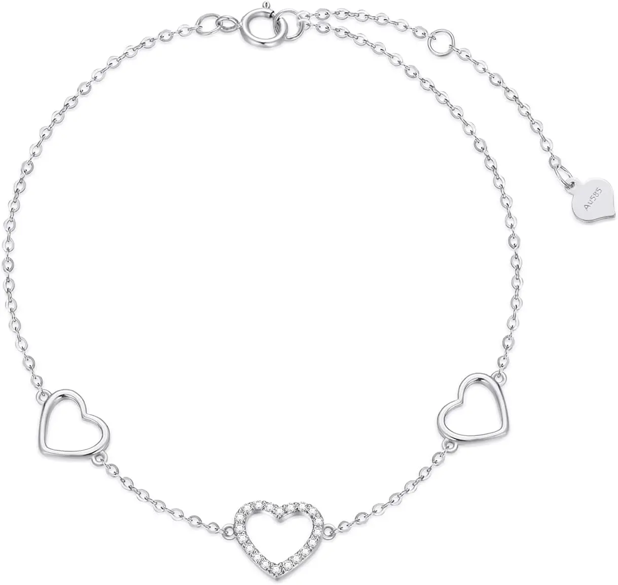 

10k Gold Diamond Three Heart Anklets for Women, Love Ankle Bracelet Jewelry Gifts for Her, (0.11 ct), 9.4"-11"