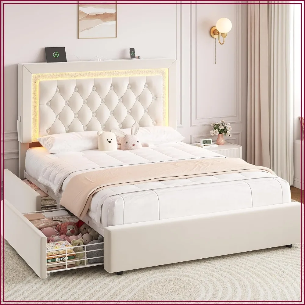 Full Velvet Bed Frame Storage Drawers, LED Lights, Diamond Headboard, Charging Station, Wood Slats
