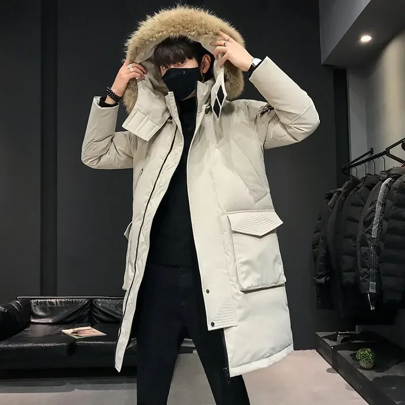 Doudoune longue à capuche pour homme avec col en fausse fourrure, parka légère, duvet de canard blanc, vêtements chauds pour couple, luxe, hiver