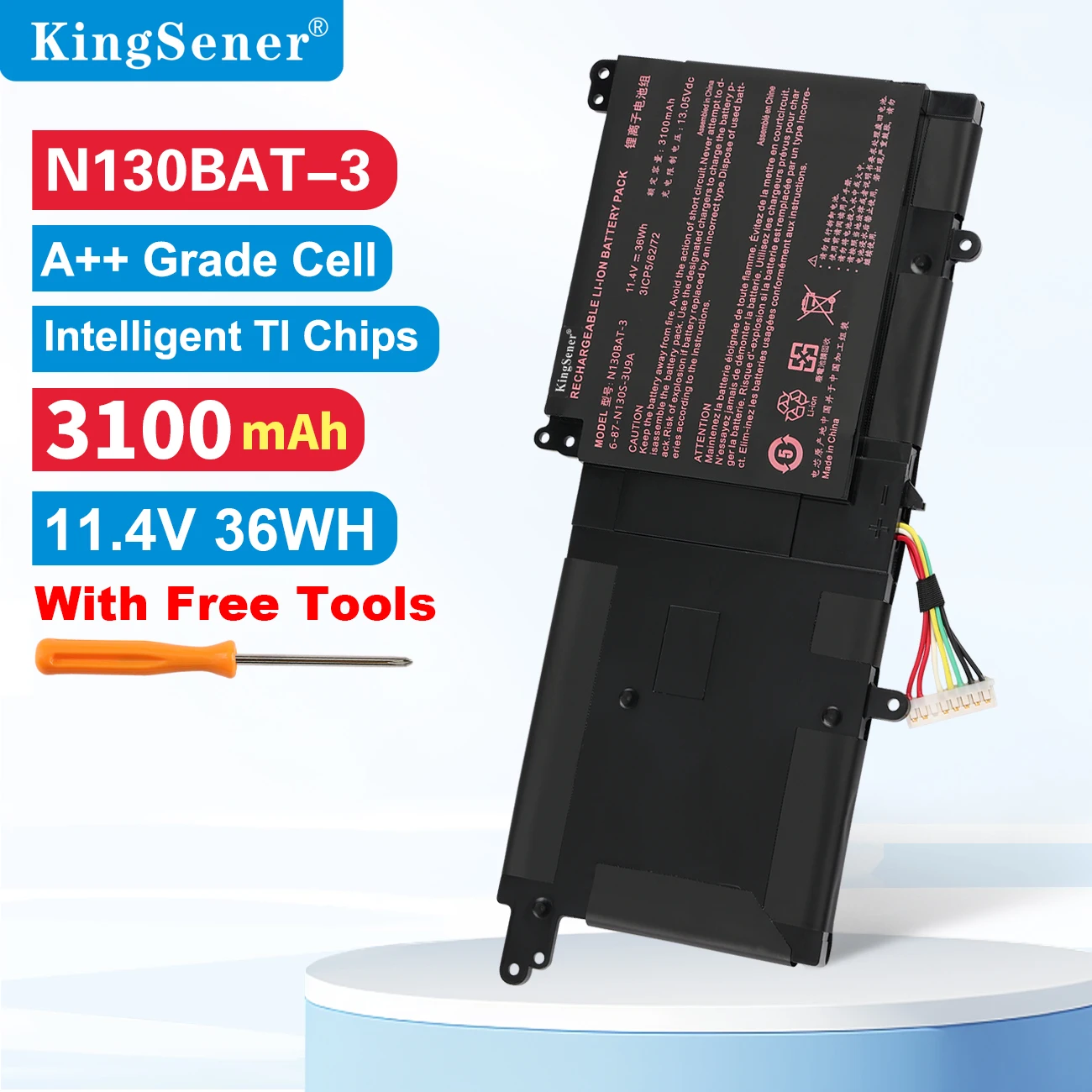 

KingSener 11.4V 36WH N130BAT-3 Battery for CLEVO N130BAT-3 6-87-N130S-3U9A N130BU 130WU N131BU N131WU NP3130 Pro 13 14 N130BU