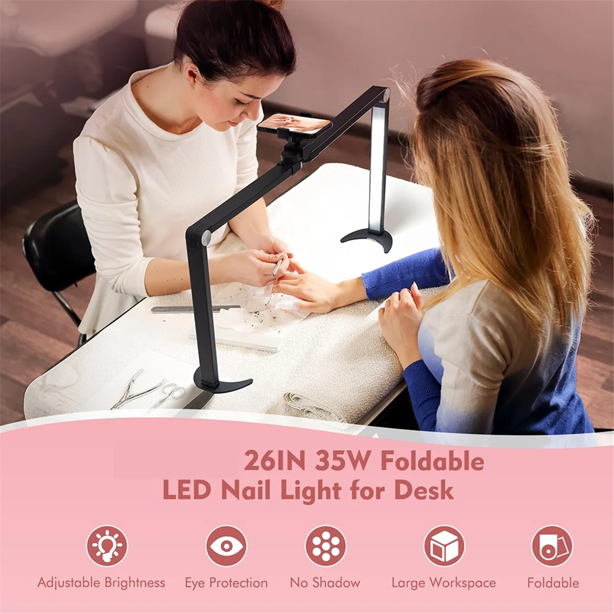 ABYA Foldable Nail Lamps for Desk,Large Nail Tech Light with PhoneHolder,Half Moon LedLight,Eyelash Extensions,Makeup,Spa(US)