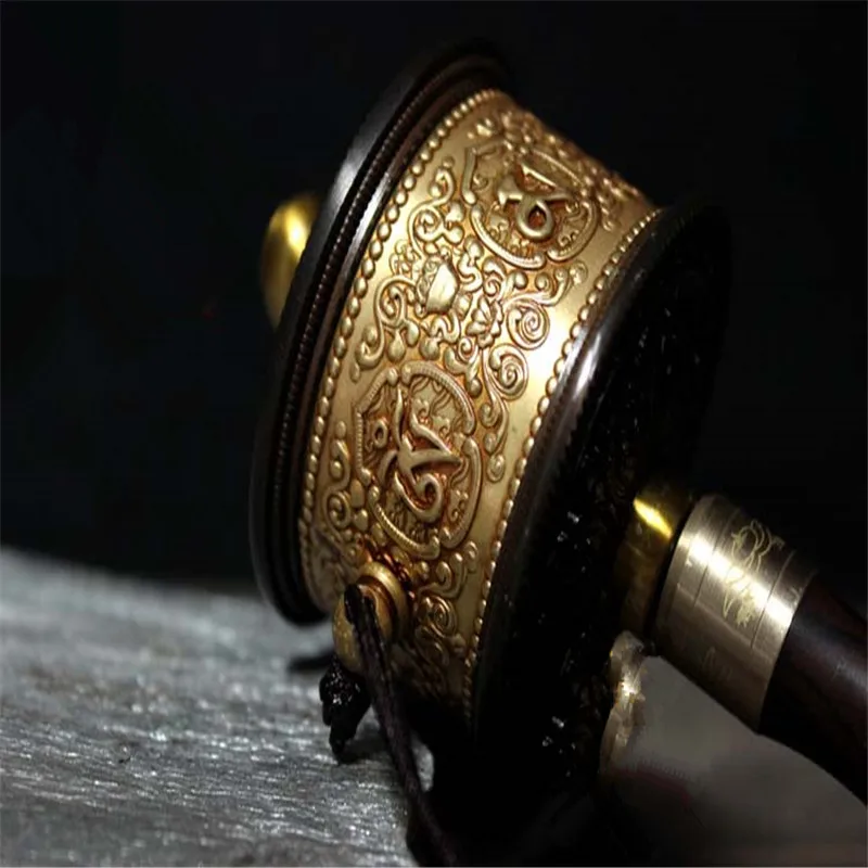 Tibetan Classic Portable Fine Copper Prayer Wheel Mini Amitabha Buddha Bless Wheel Brass Hand-hold Wheel 17 Cm Long