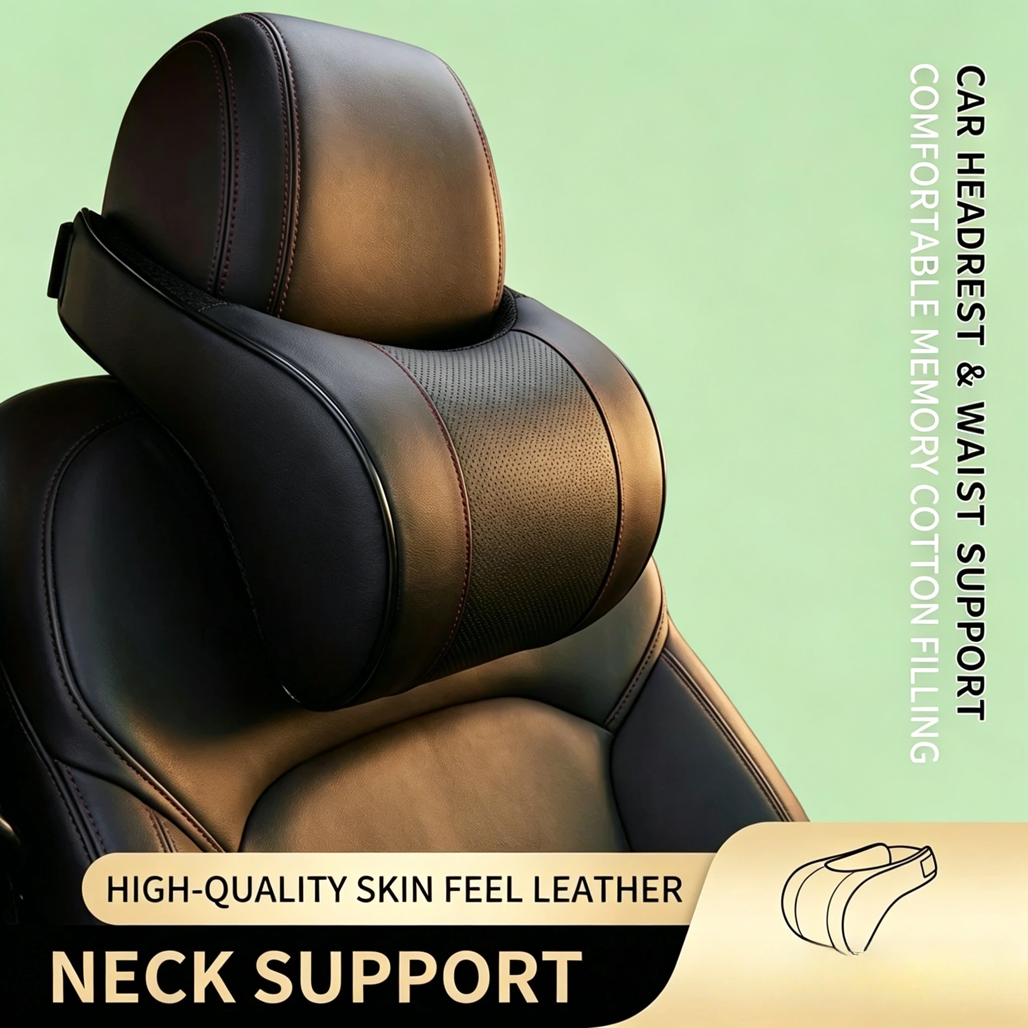 Universal Car Neck Pillow Memory Foam PU Leather Headrest Cushion Auto Seat Interior Protector