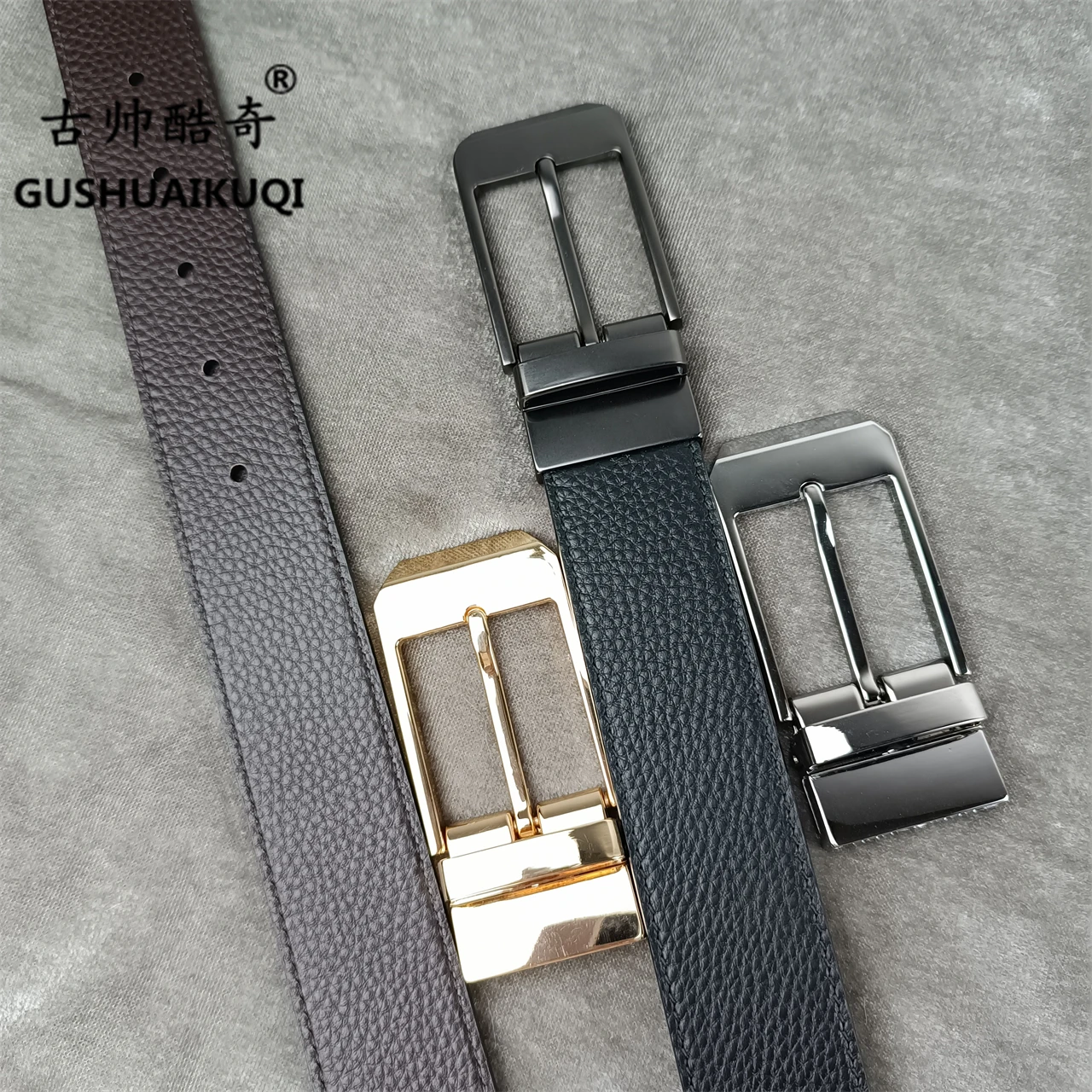 

2022 men's and women's wide buckle3.4 cm Gu Shuai new design men's and women's belt high-quality cowhide leather double-sided fr