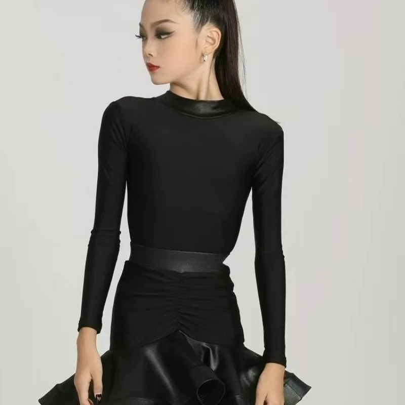 مجموعة ملابس الرقص اللاتينية السوداء للفتيات تنورة شبكية بأكمام طويلة للأطفال سامبا تشا تشا ملابس التدريب على المنافسة #2