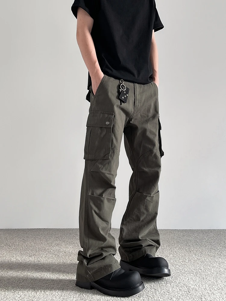 

American Retro High Street Vibe Workwear Pants Multiple Pockets Pleated Paratrooper Casual Straight Leg Micro Flare Jeans