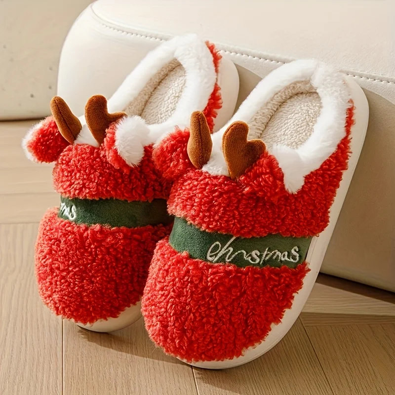 Cute Christmas Reindeer Slippers Winter Slip On Memory Foam Plush Shoes Cozy & Warm Home Slippers