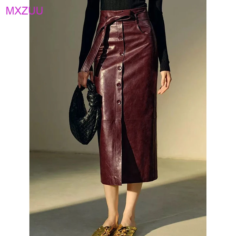 Women's Skirts Burgundy Oil Wax Leather High Waist Single Breasted Front Split Wrap Hip Slim Sheepskin Long Skirt Jupe Longue