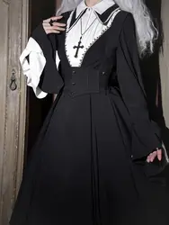 Coalfell Halloween Cross Lof Lolita Jurk Kruiskostuum Zwart Gothic Herfst/Winter Kraag OP Lange Mouw Non Stijl Coswear