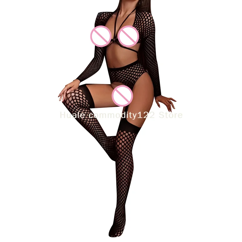 

Женский комплект сексуального белья: чулки-сетка с длинными рукавами, без бретелек, с открытой промежностью, облегающий крой
