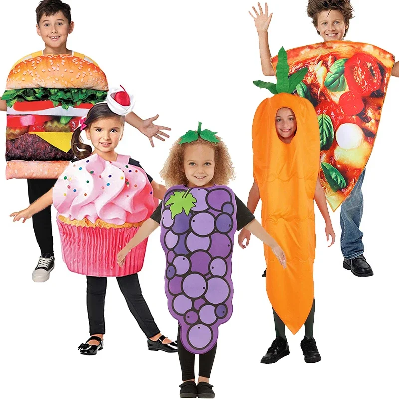 2024 Boys Hamburger Pizza Milk Pickle Tunic Cosplay Girls Grape Cookie Lollipop Waffle Fancy Dress UpUnisex Kids Food Costume