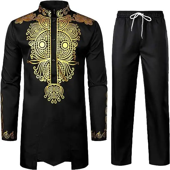 

Men Middle East Sets Hot Stamping Muslim Two Pieces Long Sleeve Outerwear Stand Collar Robe Ankle Length Drawstring Pants
