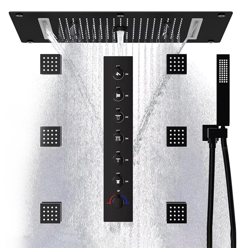 

Super Large 27.56inch Ceiling Rainfall Shower Head Kit Matte Black 6 Functions Brass Thermostatic Shower System Faucet Set