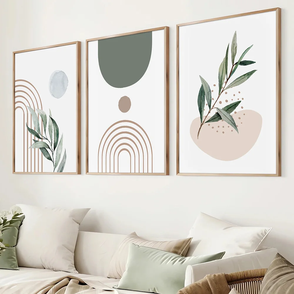 مجموعة من 3 منتصف القرن بوهو ريترو مجردة المشارك قماش طباعة الهندسة الخضراء الرسومات النباتية ورقة اللوحة الحديثة جدار الصورة